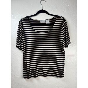 Worthington Stretch Ribbed Striped T-Shirt XL Black Cream Capsule Work Parisian